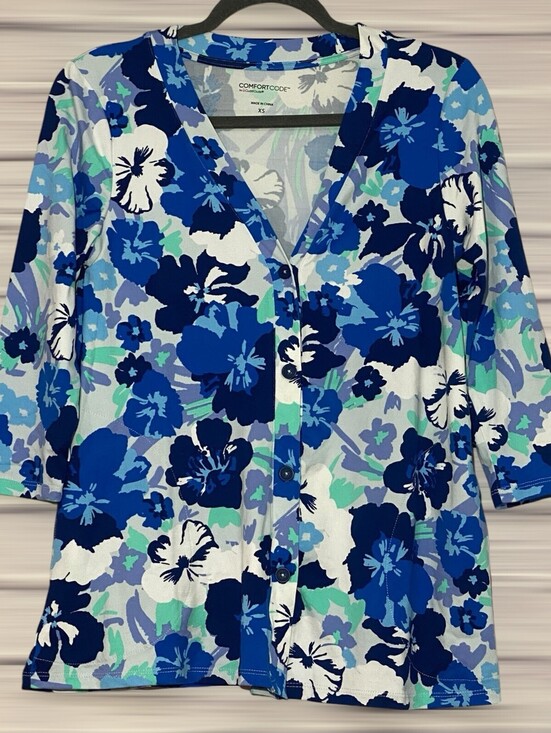 Cuddl Duds Tops - Comfort Code Cuddl Duds XS Stretch Blue Floral Button Front 3/4 Sleeve Tunic Top